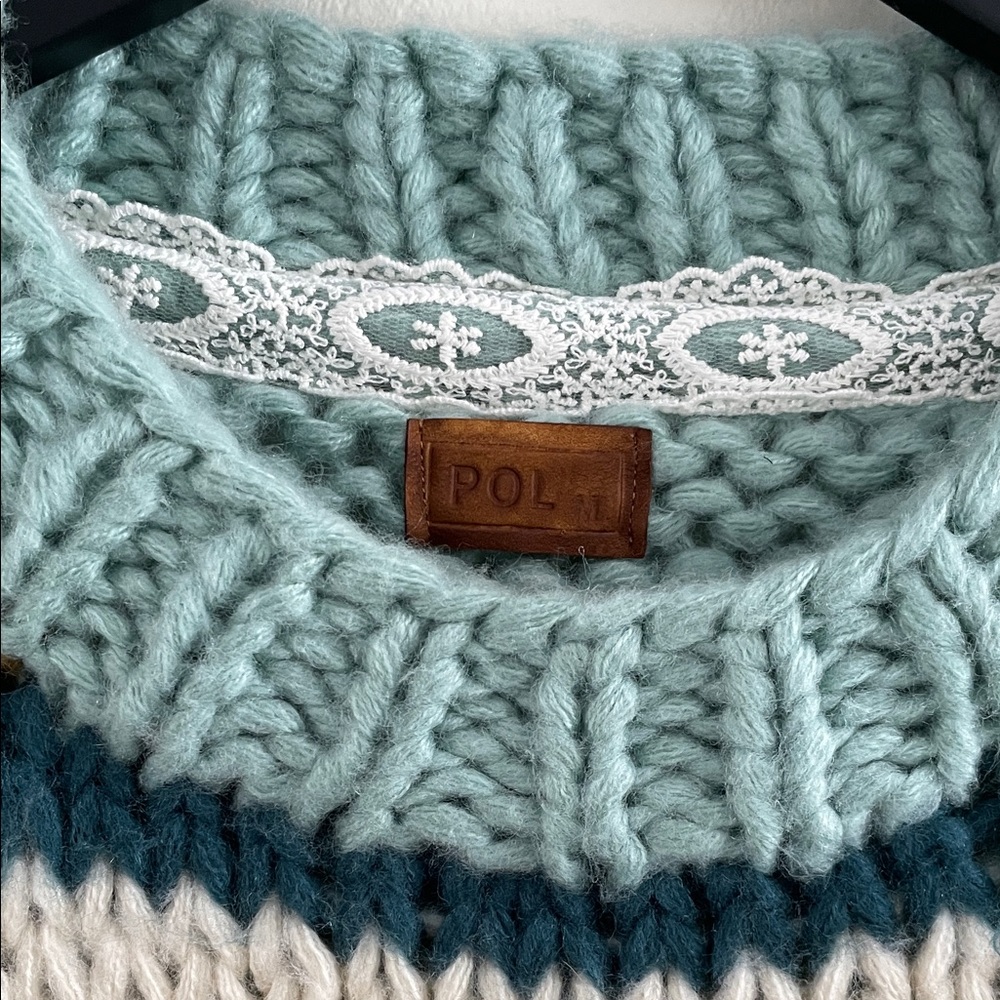 POL Chunky Knit Multicolor Sweater Fair Isle Teal Blue Yellow Stripe - Picture 2 of 9